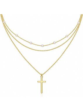 Layered 14K Gold Cross Pendant Necklace for Women - Elegant Chain Jewelry